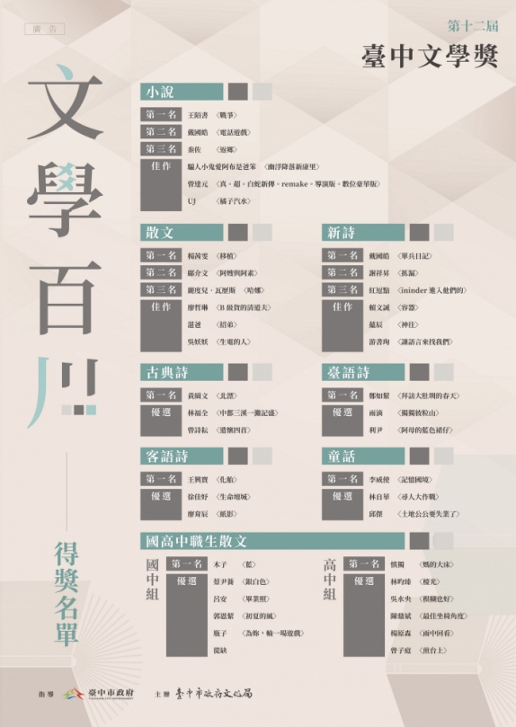 第12屆台中文學獎得獎名單揭曉！全球華文好手競逐  41位參賽者脫穎而出