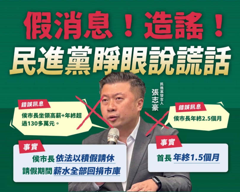 新北市府：侯市長請假期間薪資回捐市庫 籲民進黨停止造謠抹黑