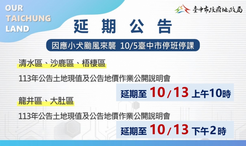小犬颱風來襲  中市清水地所及龍井地所5日說明會延期至13日
