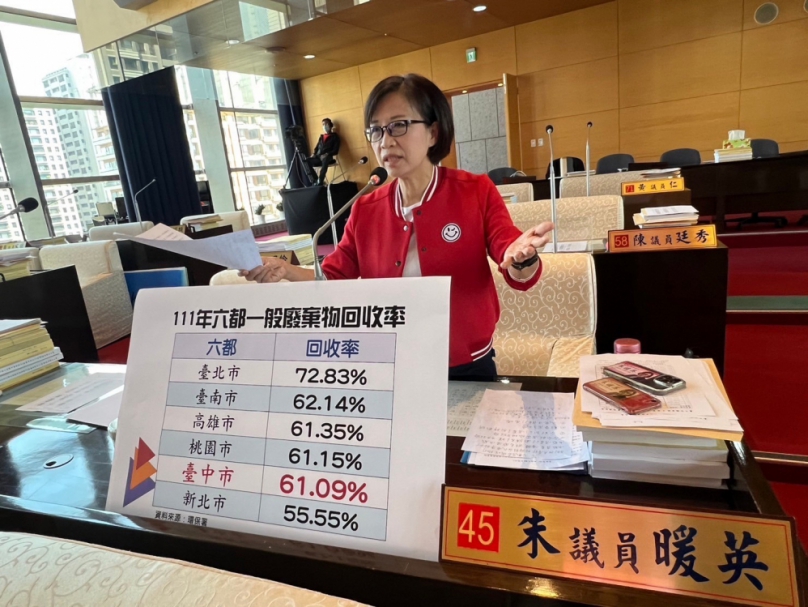 臺中一般廢棄物回收率  六都排名倒數第二  市議員朱暖英:垃圾燒不完  回收要加強
