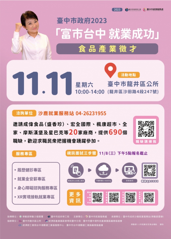 中市知名食品、餐飲業11月11日廣徵才  釋690個職缺