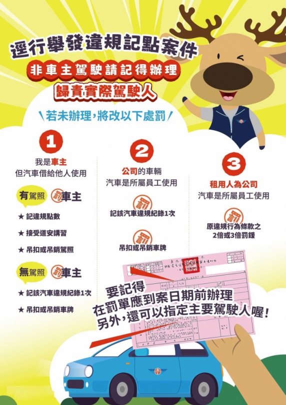 監理單位推動﹁交通違規罰單，要歸責實際駕駛人﹂。（照片監理站提供）