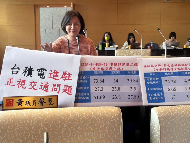 台中市政府已通過台積電二期擴建計畫  市議員黃馨慧憂週邊交通將會雪上加霜   呼籲市府及早完成漢翔路及福林路二條道路延伸工程做因應