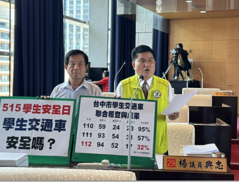 學生交通車稽查不合格率逾三成  違規樣態以交通車未備查、逾齡10年車最多  民進黨台中市議員楊典忠批稽查太寬鬆