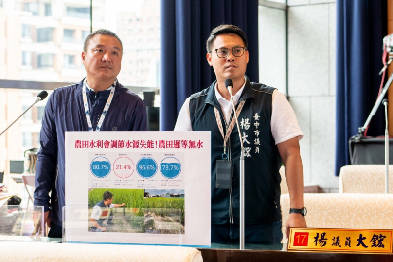 近期台中有許多的農田面臨缺水的問題  國民黨台中市議員楊大鋐質疑目前水情中部地區供水正常且水庫也有水  為何遲遲不放水？