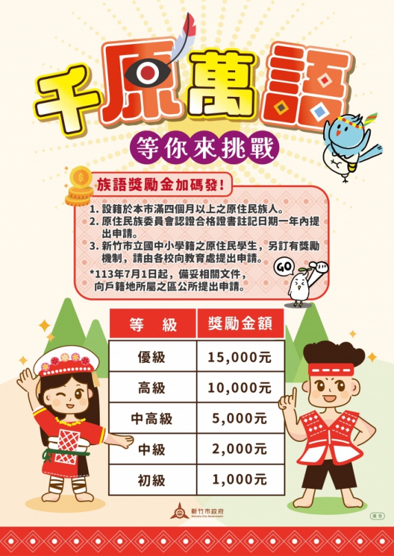 7/1起   新竹市加碼族語認證獎勵金 　最高1萬5,000元