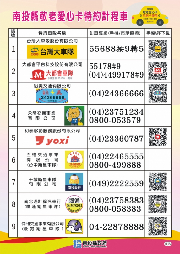 南投縣敬老愛心卡擴大計程車服務 特約9家計程車隊