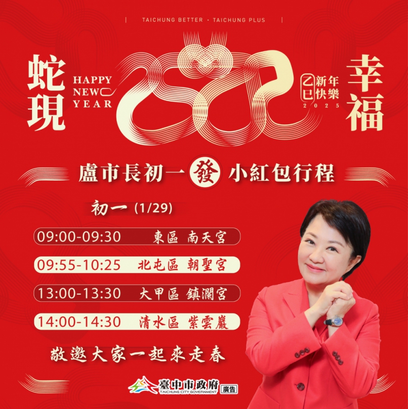 祝福市民家人「福兆蛇年」！台中市長盧秀燕初一將連跑4宮廟發小紅包