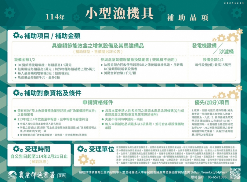 「114年小型漁機具補助」2月21日截止！請漁民朋友把握最後機會
