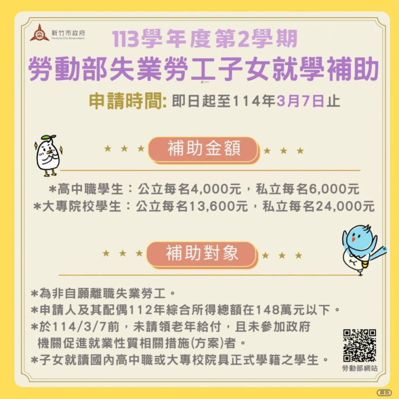 新竹市失業勞工子女就學補助申請   3/7截止受理