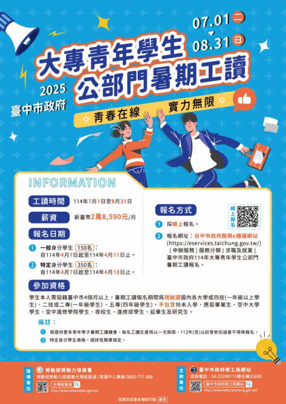500個名額等你來！中市勞工局大專青年公部門暑期工讀4月7日報名開跑
