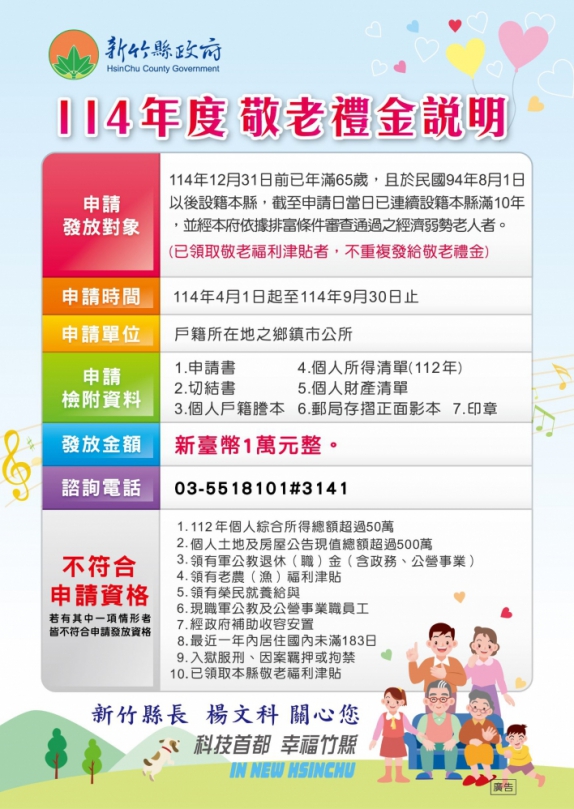 新竹縣老人很幸福   楊文科宣佈續發1萬元敬老禮金