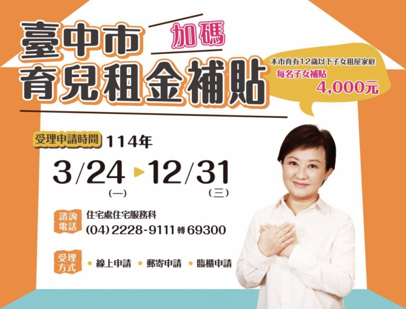 無子女數上限、每名補助4000元     台中市育兒租金補貼3月24日開放申請