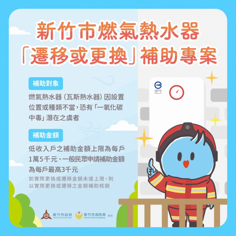 新竹市消防局補助熱水器遷移或更換   每戶只有一次機會喔！歡迎市民踴躍申請