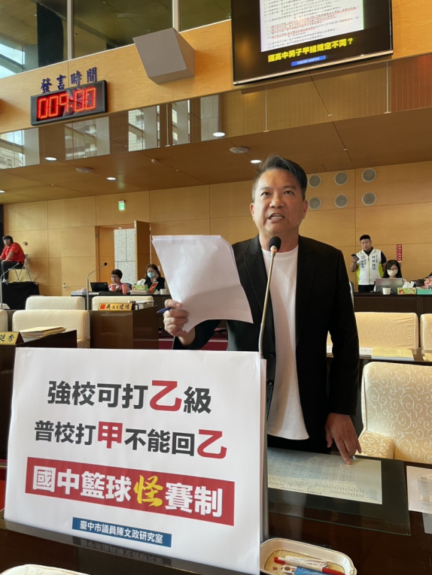 國中籃球強校打乙級   國民黨台中市議員陳文政憂不利運動推廣