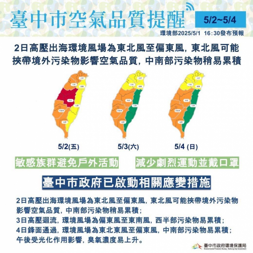 5/4前中部午後空品臭氧濃度偏高 中市府持續執行應變