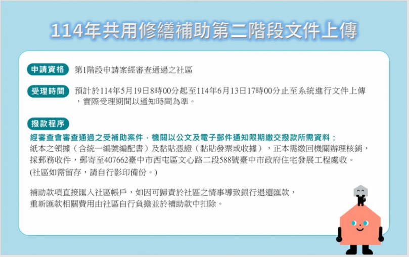 社區注意！申請台中市共用修繕補助二階備審資料5月19日起開放上傳