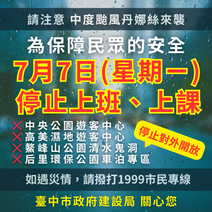 中颱丹娜絲來襲！中市建設局啟動一級應變  多處場域暫停開放