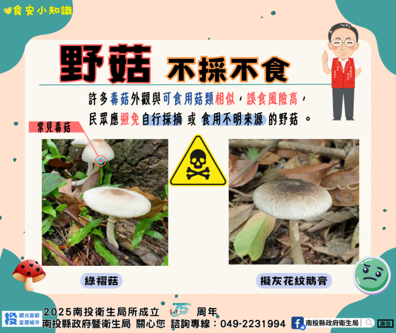 野生菇類勿亂採亂吃　縣府衛生局籲民眾留意食安風險