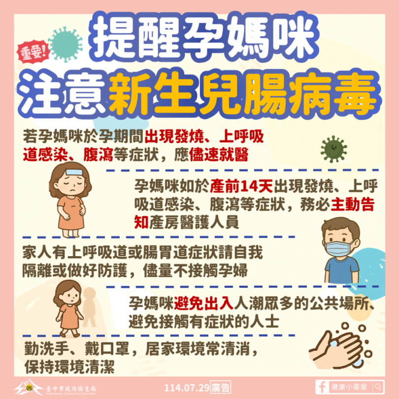 中市腸病毒重症個案  衛生局籲孕媽咪提高警覺、落實洗手與環境清消