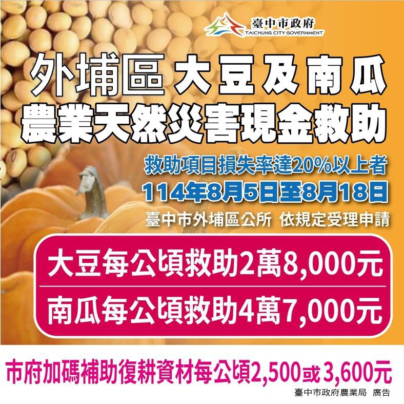 中市外埔區大豆及南瓜災損 8/18前可申請現金救助
