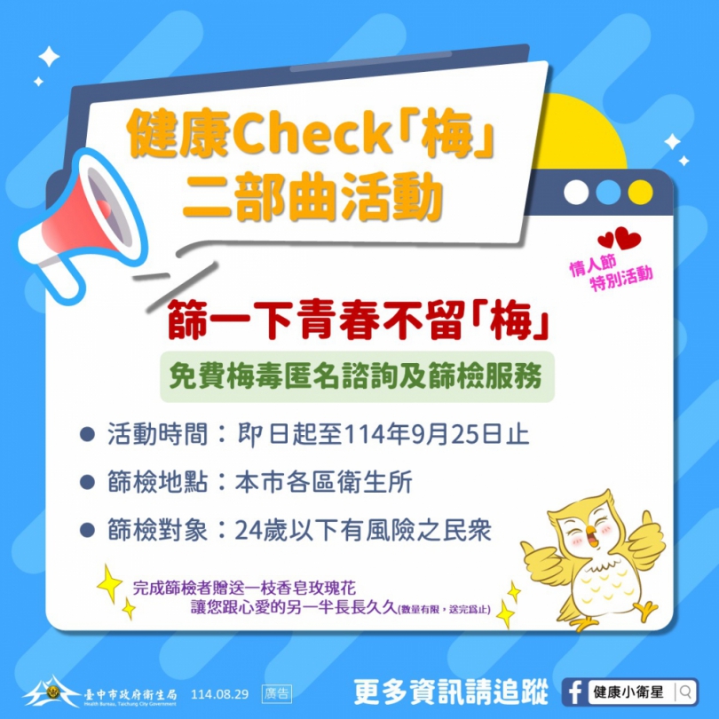 七夕浪漫不留「梅」！中市推免費梅毒篩檢守護健康