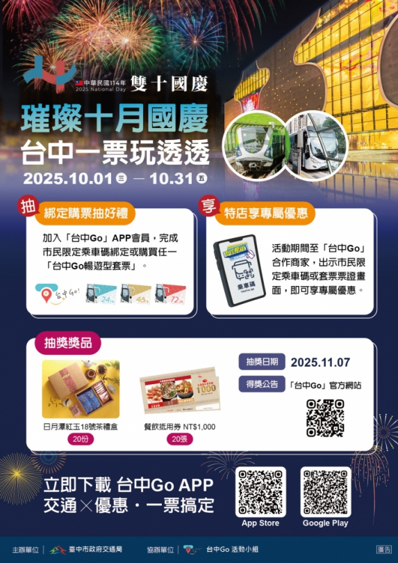 璀璨十月國慶  台中Go限時優惠套票10月1日開賣