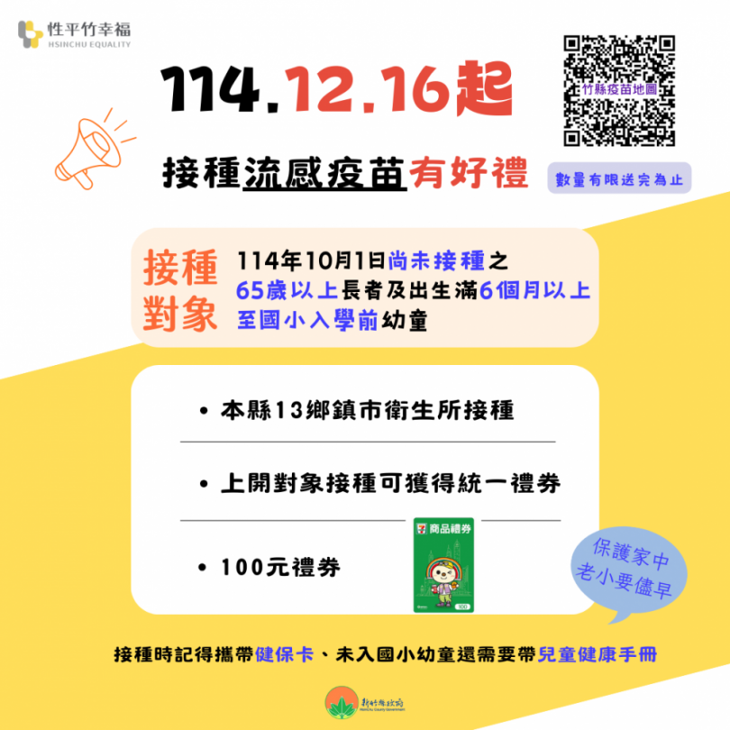 新竹縣打疫苗送小7禮券又來了！12/16起13鄉鎮市衛生所都可接種   禮券數量有限