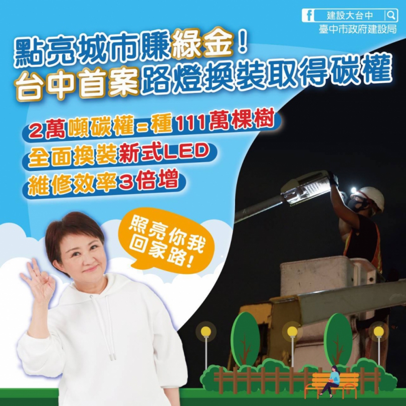 點亮城市賺「綠金」！台中首案路燈換裝取得碳權  減碳效益等同種百萬棵樹