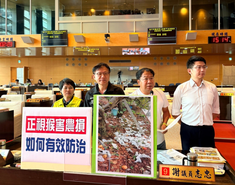 正視猴害農損  民進黨台中市議員謝志忠、王立任、張玉嬿、黃守達要求中市儘速擬出有效防治的對策，朝向人猴共好的方向邁進