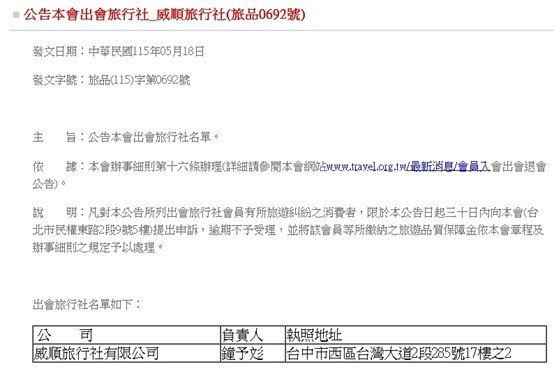 威順旅行社無預警停業  中市消保官籲消費者儘速向品保協會申訴、掌握時效申請信用卡爭議款退款