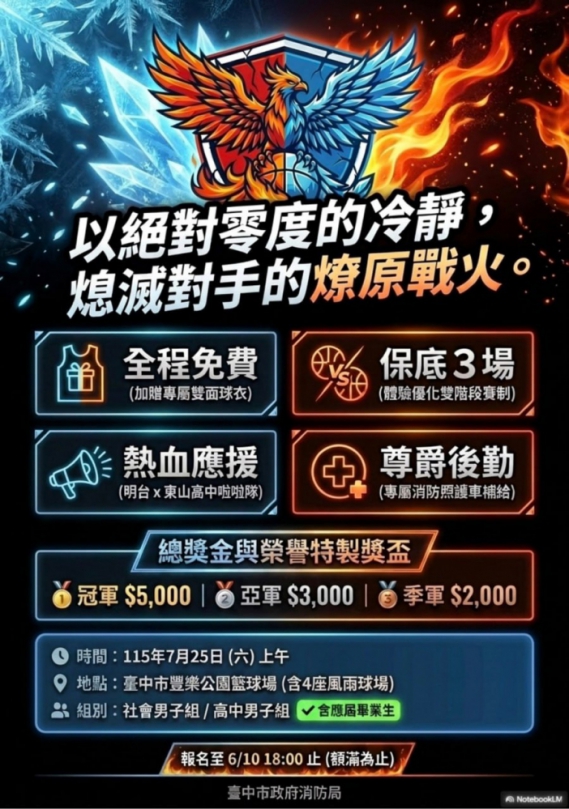 中市消防3對3籃球賽7月25日熱血開跑  免費報名再送專屬球衣！