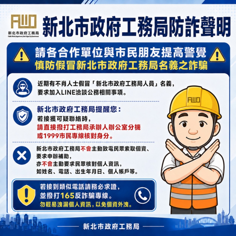 假冒局、處長名義詐騙加LINE 新北市工務局報案 籲民眾提高警覺！