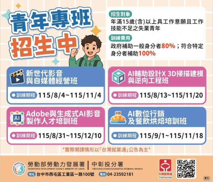 中彰投分署青年職訓專班、轉銜班開始招生   助青年培養多元職能接軌職場