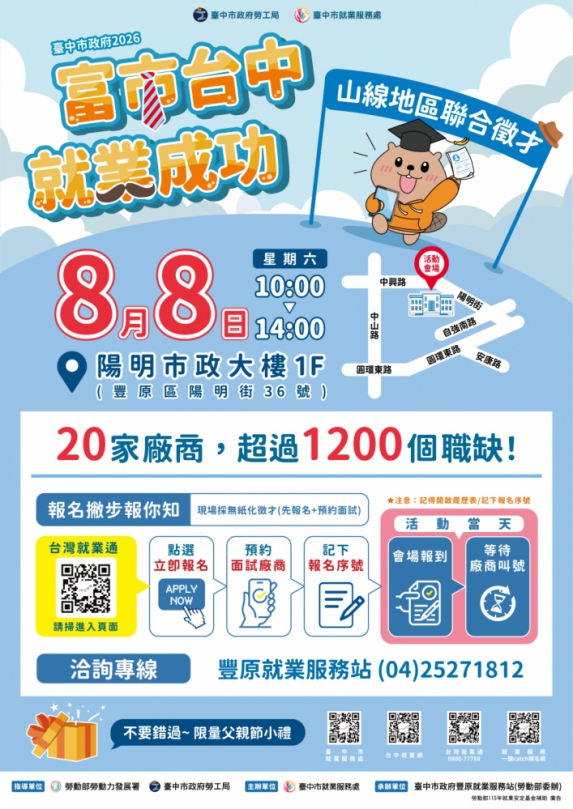 智慧科技低碳徵才！中市山線聯合徵才8/8豐原登場 最高月薪96K