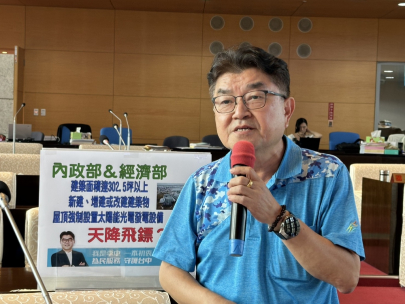 建築物屋頂光電新制要求建築面積1000平方公尺以上新建、增建或改建的建築物強制屋頂必須裝設太陽能板   國民黨台中市議員李中抨擊政策不但浪費時間、金錢，更可能增加建築物災害風險