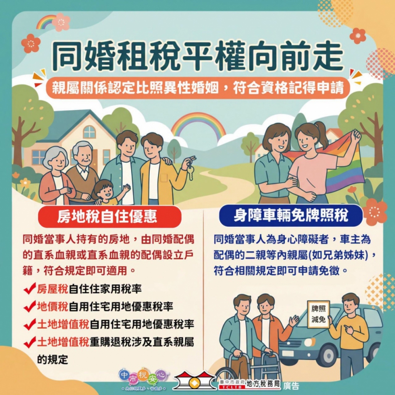婚姻平權再提升   中市地稅局提醒同性婚姻家庭也能享租稅優惠