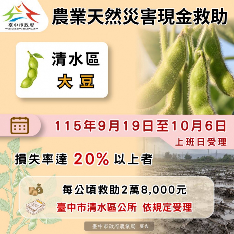 中市清水區大豆災損 10月6日前可申請現金救助