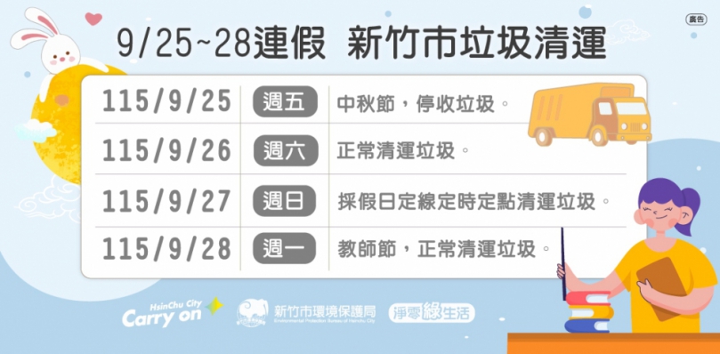 中秋教師節4天連假   新竹市中秋停收垃圾