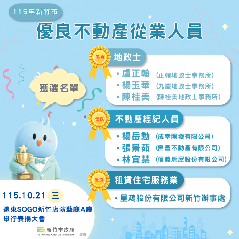 115年優良不動產6位從業人員及1家業者獲選   10/21公開表揚