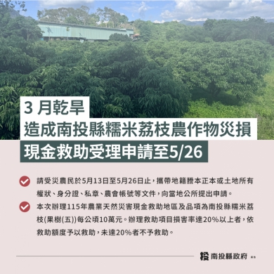 3月乾旱造成本縣糯米荔枝農作物災損農業部同意辦理現金救助