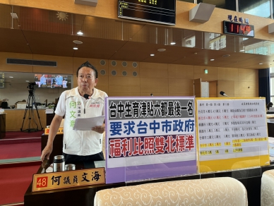 台中生育津貼六都最後一名  民進黨台中市議員何文海要求台中市政府福利比照雙北標準  中市府社會局：中市生育津貼第三胎起多1萬  公托每月負擔全國最低