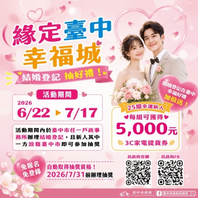 限時幸福加碼！6/22至7/17台中結婚登記抽5千元家電券 民政局長：祝新人甜蜜成家、好運加倍
