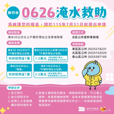 新竹市0626淹水戶   救助從寬從簡   資格符合者1萬至2萬5千不等