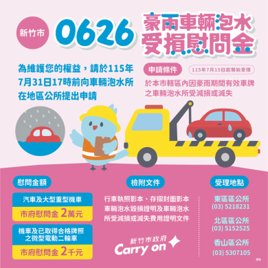 新竹市豪雨車輛泡水受損慰問金  汽車最高補助2萬元