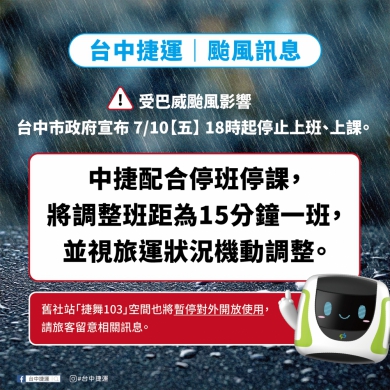 巴威颱風來襲！中捷10日晚上6時起班距調整15分一班、啟動防颱應變