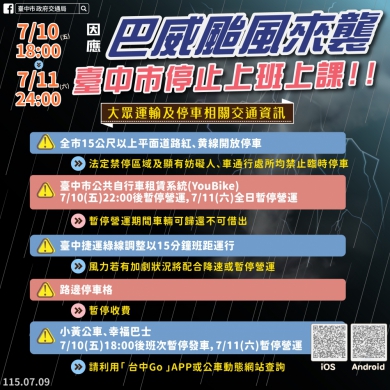 巴威颱風來襲  台中市公共措施與場館營運異動資訊