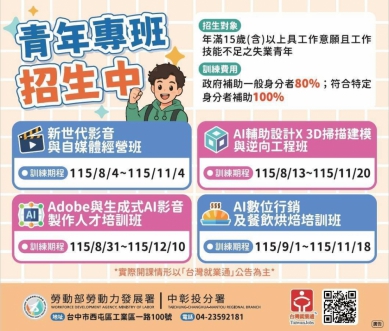 中彰投分署青年職訓專班、轉銜班開始招生   助青年培養多元職能接軌職場