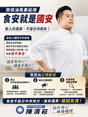 食安就是國安！國民黨台中市議員候選人陳清崧要求地方查到底，中央追源頭。誰有權責，誰就負責
