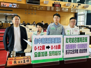 台中育兒租金補貼相較新北一年相差15倍  民進黨台中市議員張玉嬿、謝志忠、黃守達、王立任、施志昌要求中市府提高金額與適用年齡   住宅處：育兒租金補貼申請資格再放寬　加碼建議納入評估滾動檢討